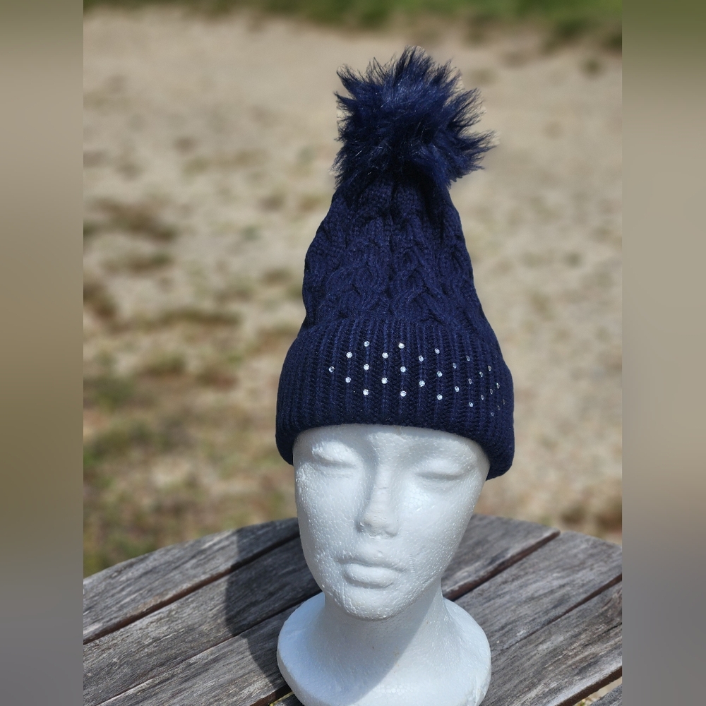 Swarovski Crystal Navy Blue Knit Beanie with Pom Pom